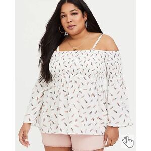 Torrid Challis Cold Shoulder Feather Blouse SZ 2 Plus Size Off Shoulder